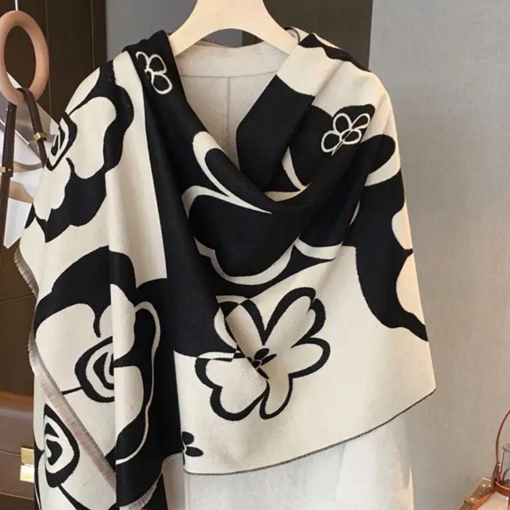 Scarf or Wrap NWT in Black & White Camilla Floral Theme Faux Cashmere